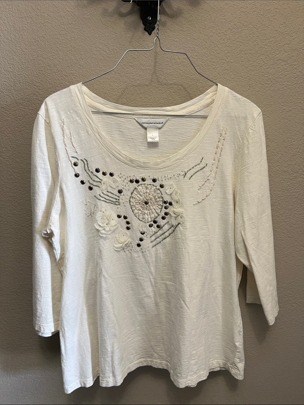 Christopher & Banks Cream Embroidered Scoop Neck Long Sleeve Top